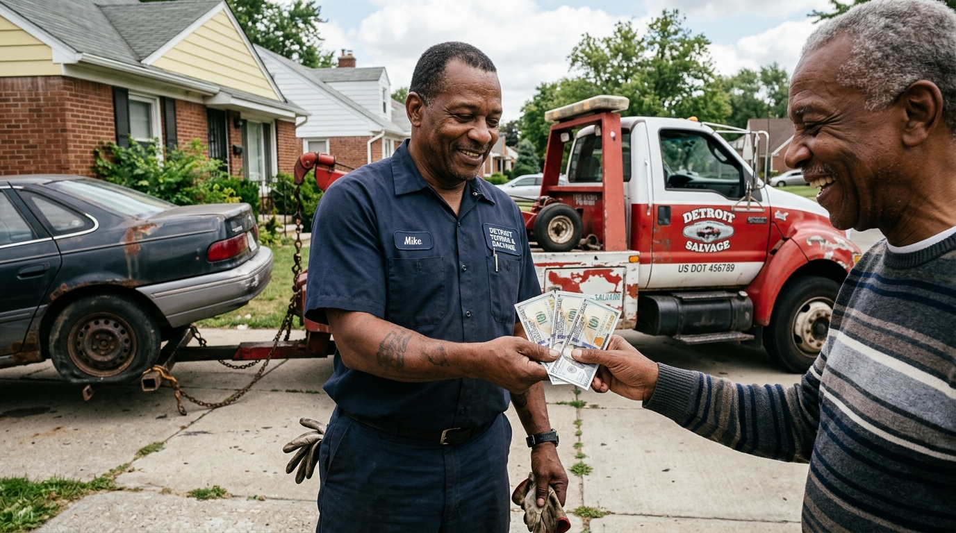 Tow truck driver handing cash payout to customer in Detroit Michigan driveway