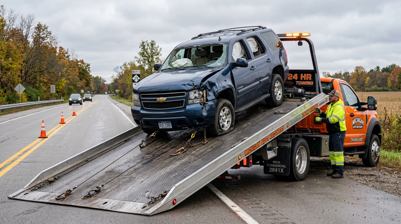 Heavy duty commercial rollback flatbed wrecker loading damaged vehicle in Detroit Michigan