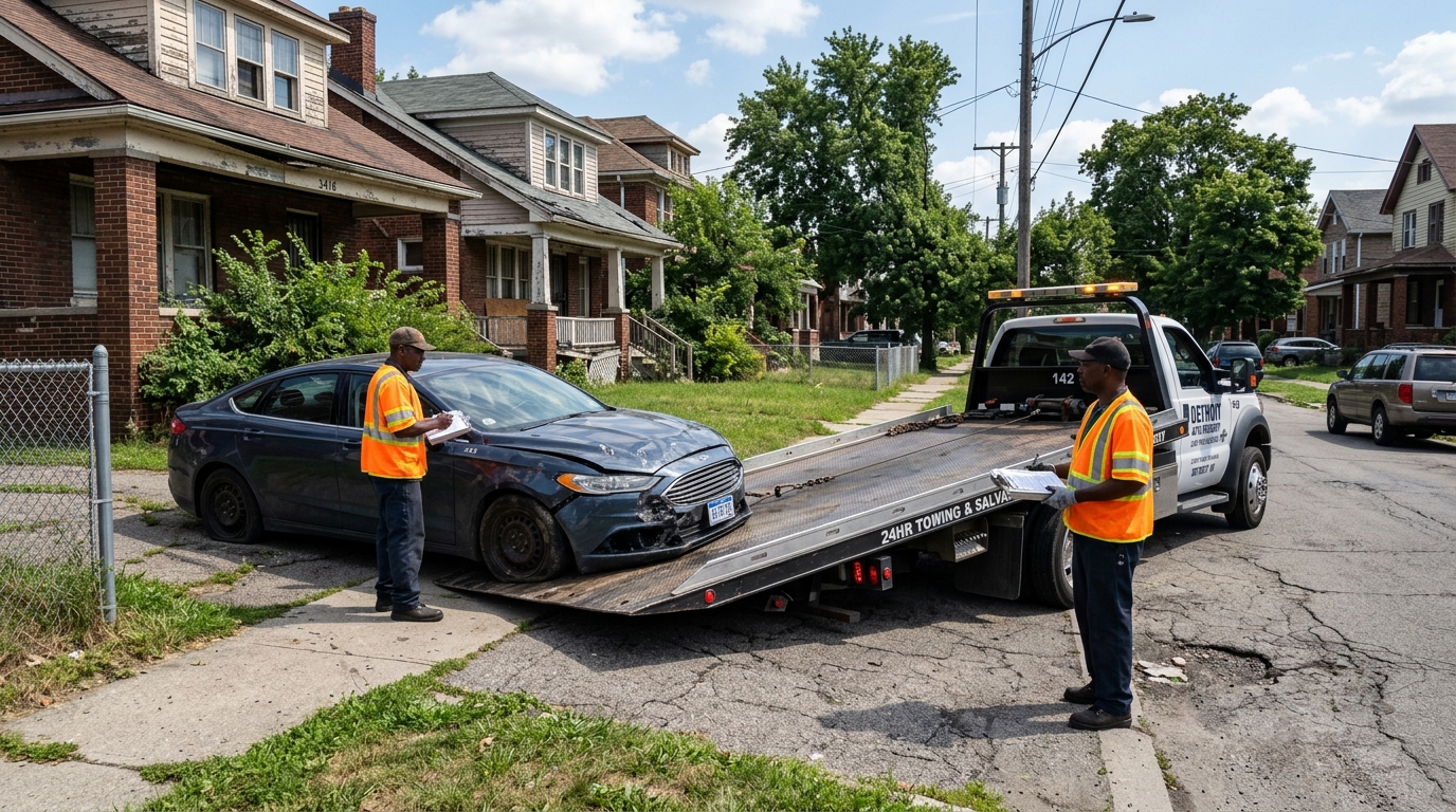 Commercial flatbed tow truck buying scrap vehicle in Detroit Michigan neighborhood